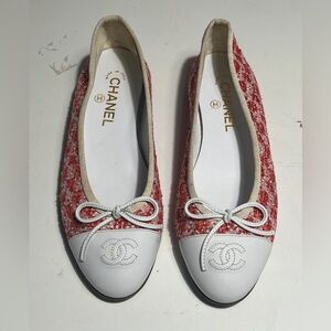 CHANEL Red Tweed & White Leather CC Bow Ballet Flats